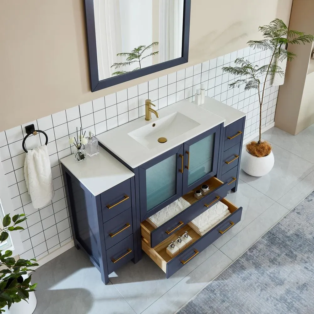 Vanity Art Brescia 60 in. W x 18 in. D x 36 in. H Single Sink Bathroom Vanity in Blue with White Ceramic Top and Mirror, photo 5 of 11