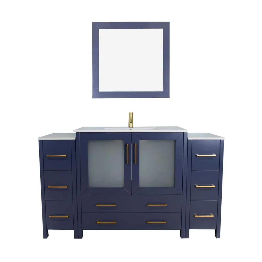 Vanity Art Brescia 60 in. W x 18 in. D x 36 in. H Single Sink Bathroom Vanity in Blue with White Ceramic Top and Mirror, photo 10 of 11