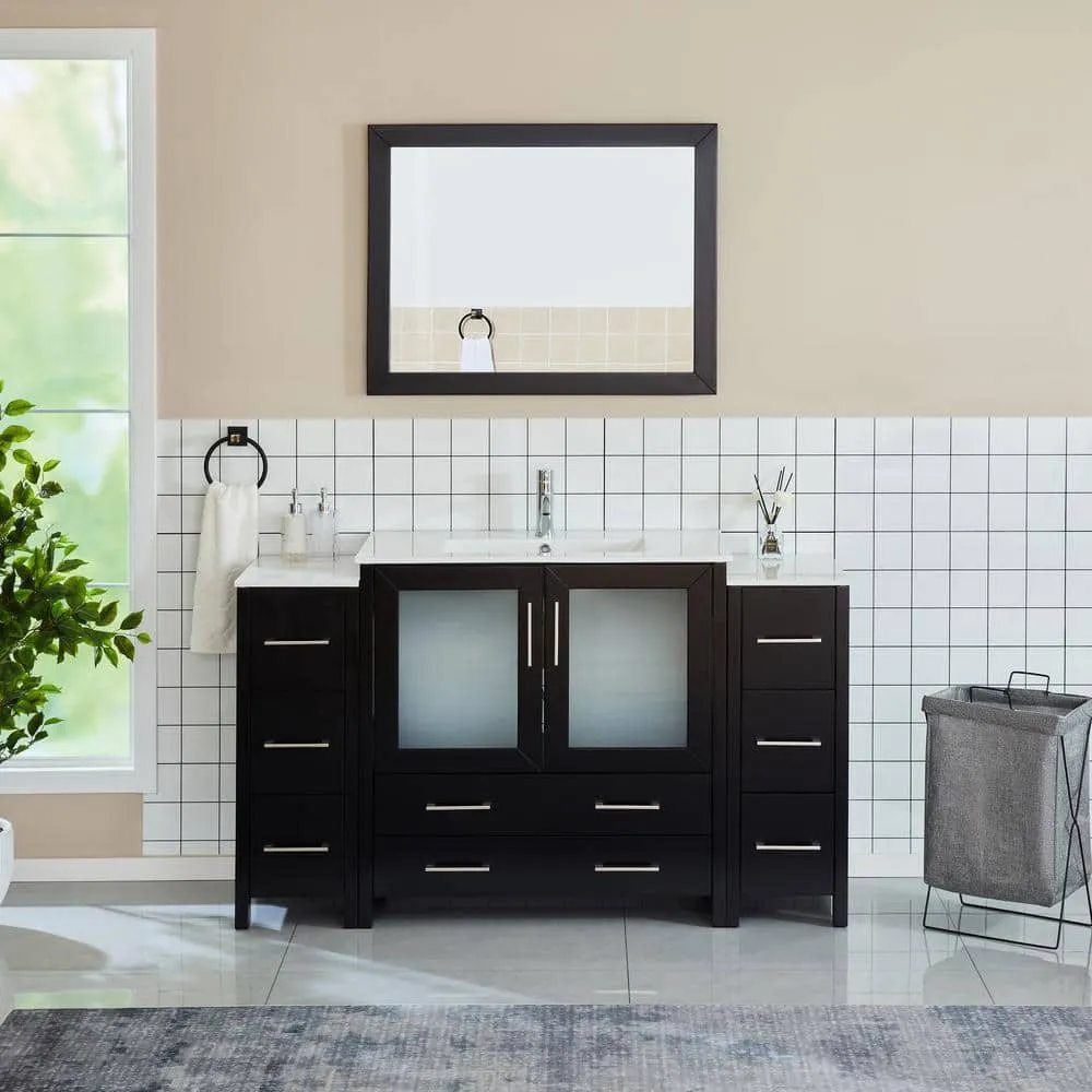 Vanity Art Brescia 60 in. W x 18 in. D x 36 in. H Bathroom Vanity in Espresso with Single Basin Vanity Top in White Ceramic and Mirror, photo 2 of 9