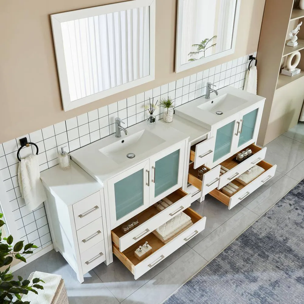 Vanity Art Brescia 96 in. W x 18 in. D x 36 in. H Bathroom Vanity in White with Double Basin Top in White Ceramic and Mirrors, photo 5 of 11