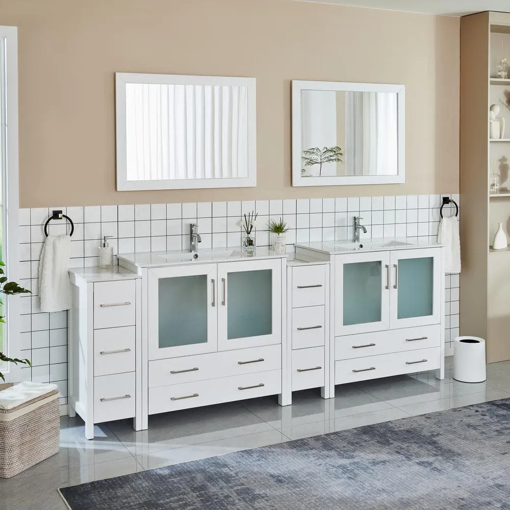 Vanity Art Brescia 96 in. W x 18 in. D x 36 in. H Bathroom Vanity in White with Double Basin Top in White Ceramic and Mirrors, photo 2 of 11
