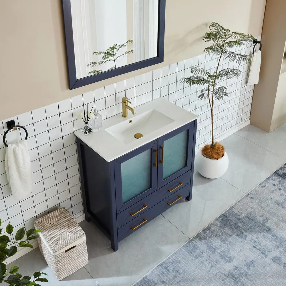 Vanity Art Brescia 36 in. W x 18 in. D x 36 in. H Single Sink Bathroom Vanity in Blue with White Ceramic Top and Mirror, photo 3 of 9