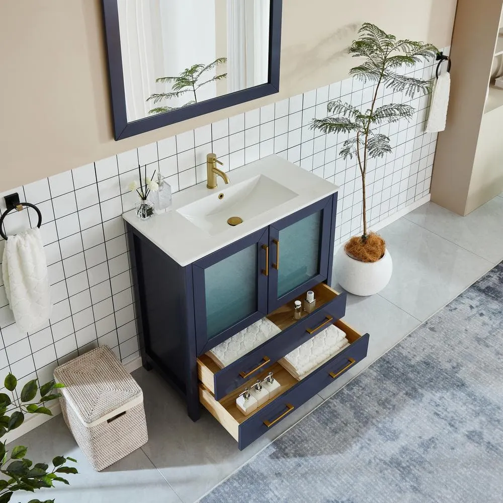 Vanity Art Brescia 36 in. W x 18 in. D x 36 in. H Single Sink Bathroom Vanity in Blue with White Ceramic Top and Mirror, photo 5 of 9