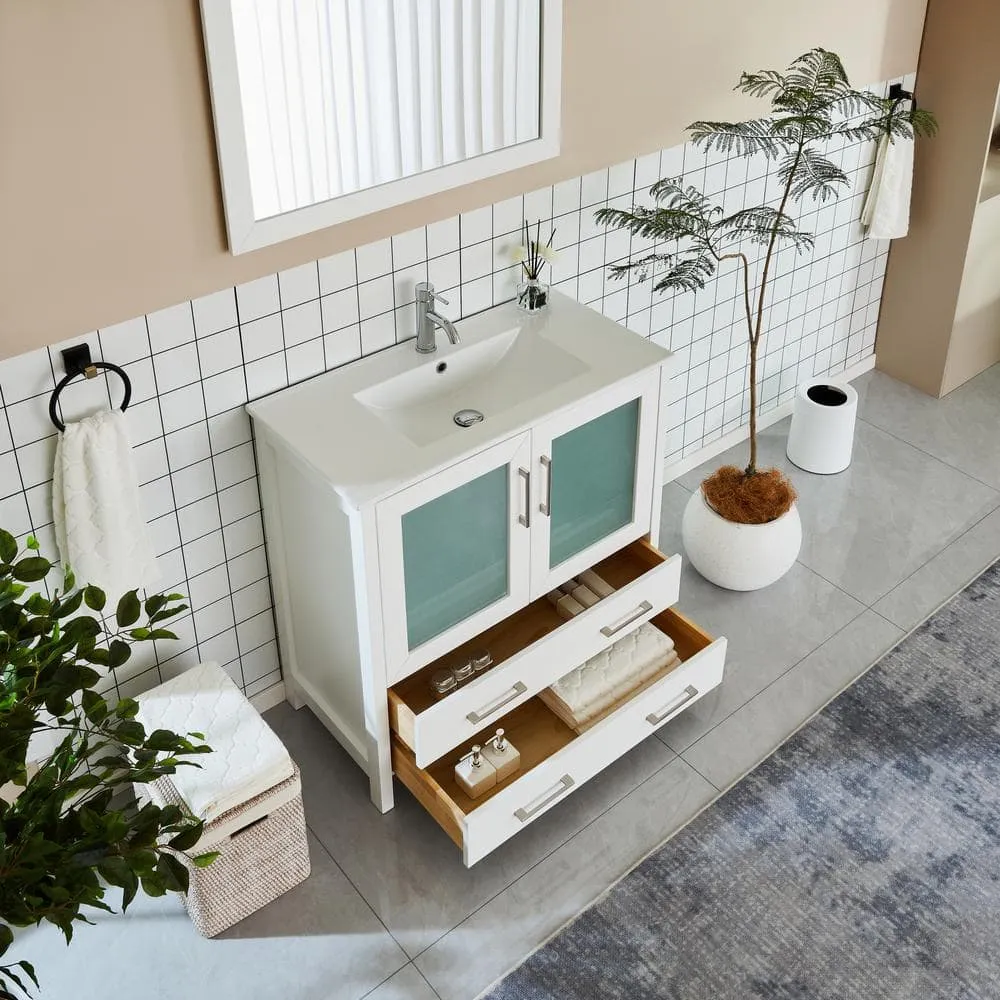 Vanity Art Brescia 36 in. W x 18 in. D x 36 in. H Bathroom Vanity in White with Single Basin Vanity Top in White Ceramic and Mirror, photo 4 of 8