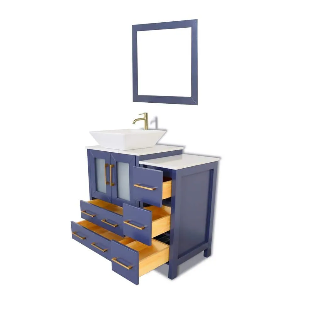 Vanity Art Ravenna 36 in. W Single Basin Bathroom Vanity in Blue with White Engineered Marble Top and Mirror, photo 6 of 7