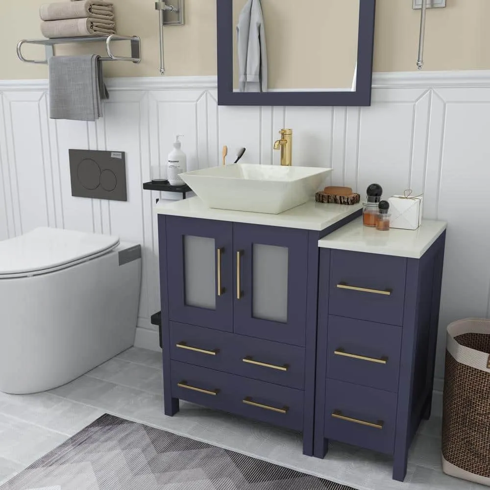 Vanity Art Ravenna 36 in. W Single Basin Bathroom Vanity in Blue with White Engineered Marble Top and Mirror, photo 7 of 7