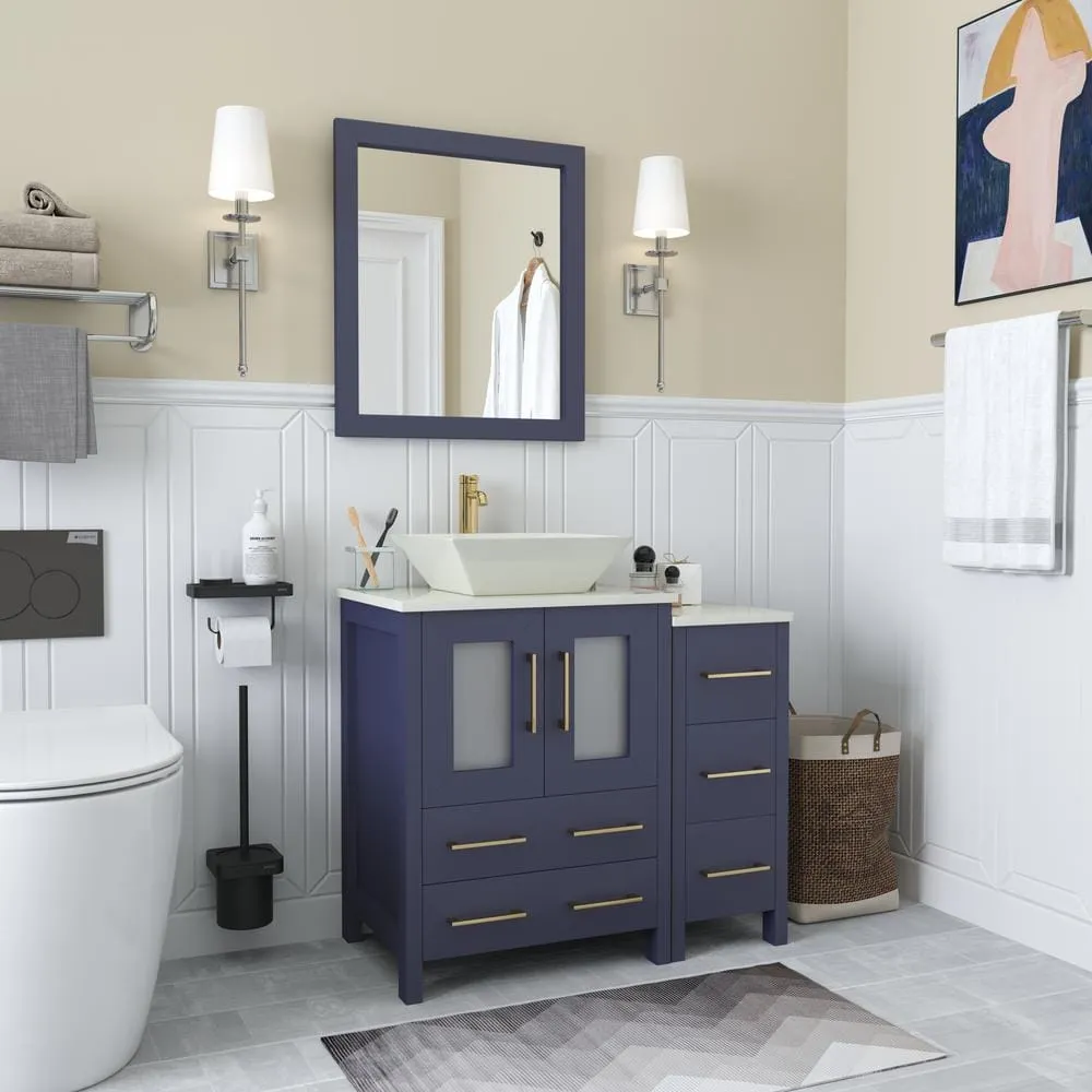 Vanity Art Ravenna 36 in. W Single Basin Bathroom Vanity in Blue with White Engineered Marble Top and Mirror, photo 3 of 7