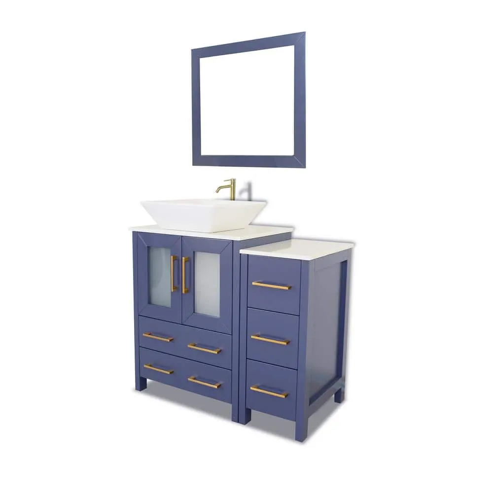 Vanity Art Ravenna 36 in. W Single Basin Bathroom Vanity in Blue with White Engineered Marble Top and Mirror, photo 5 of 7