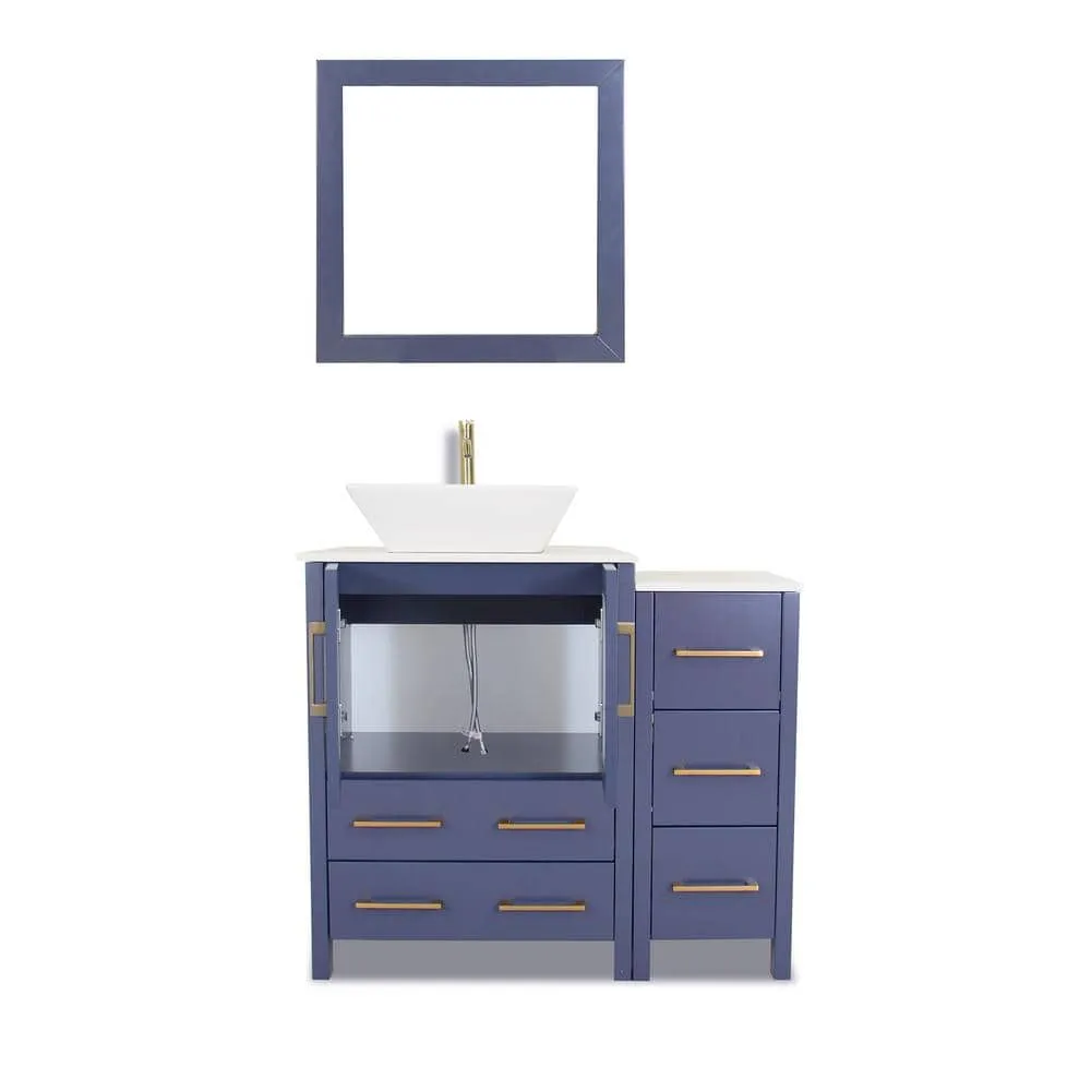 Vanity Art Ravenna 36 in. W Single Basin Bathroom Vanity in Blue with White Engineered Marble Top and Mirror, photo 4 of 7
