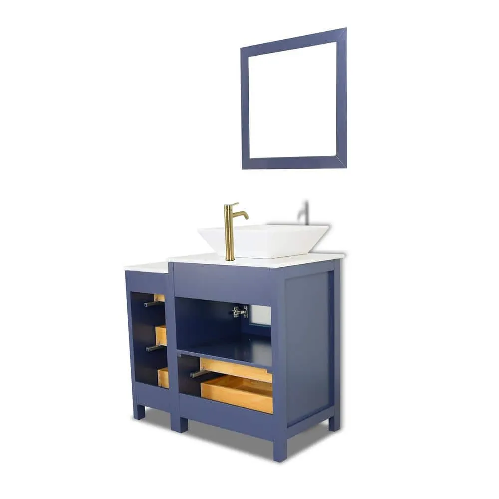 Vanity Art Ravenna 36 in. W Single Basin Bathroom Vanity in Blue with White Engineered Marble Top and Mirror, photo 2 of 7