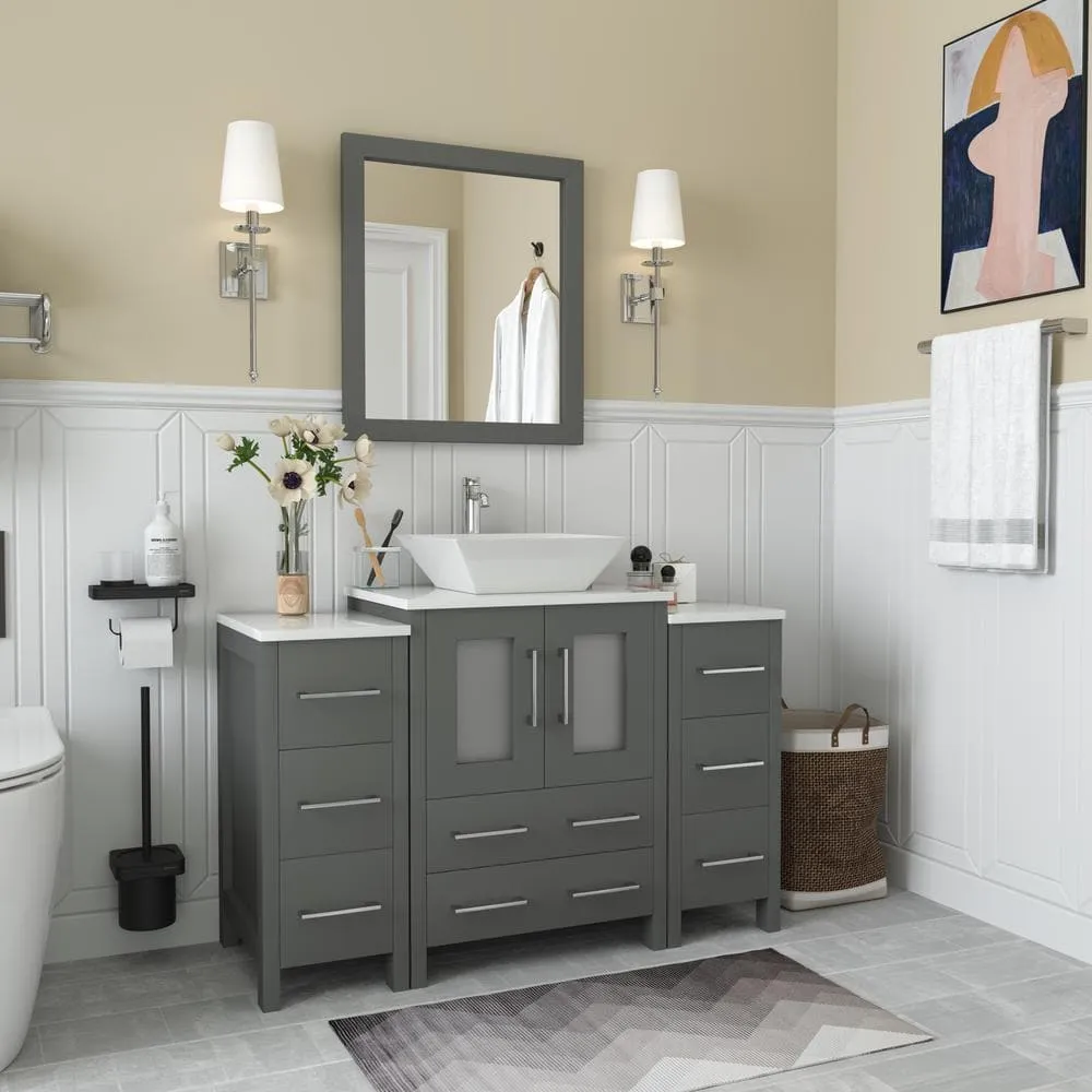 Vanity Art Ravenna 48 in. W Bathroom Vanity in Grey with Single Basin in White Engineered Marble Top and Mirror, photo 2 of 8