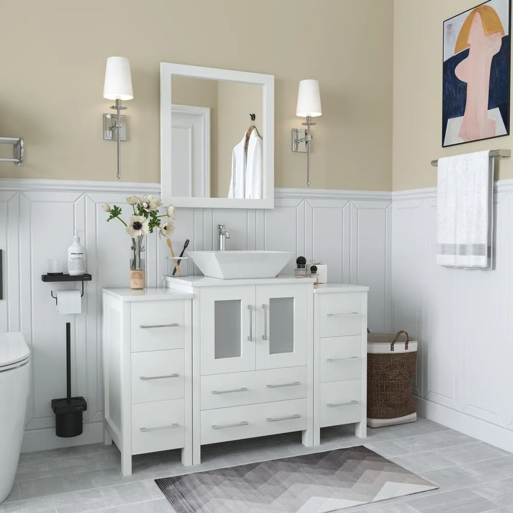 Vanity Art Ravenna 48 in. W Bathroom Vanity in White with Single Basin in White Engineered Marble Top and Mirror, photo 2 of 8
