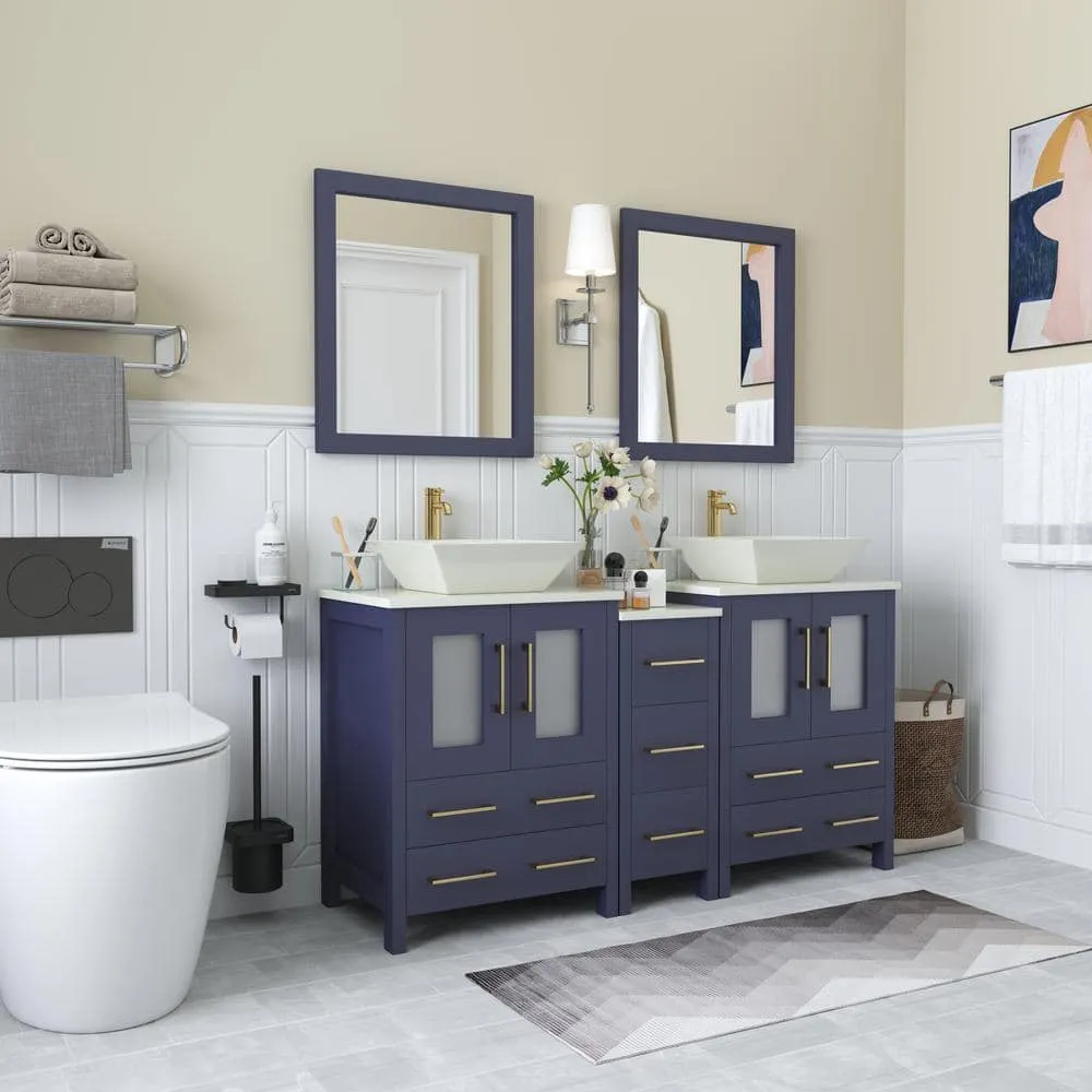 Vanity Art Ravenna 60 in. W Double Basin Bathroom Vanity in Blue with White Engineered Marble Top and Mirror, photo 4 of 5