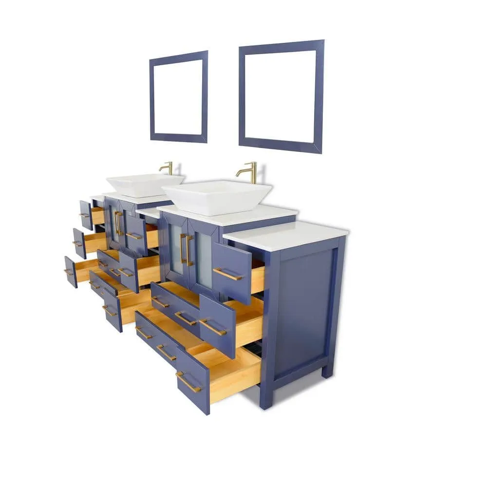 Vanity Art Ravenna 60 in. W Double Basin Bathroom Vanity in Blue with White Engineered Marble Top and Mirror, photo 5 of 5