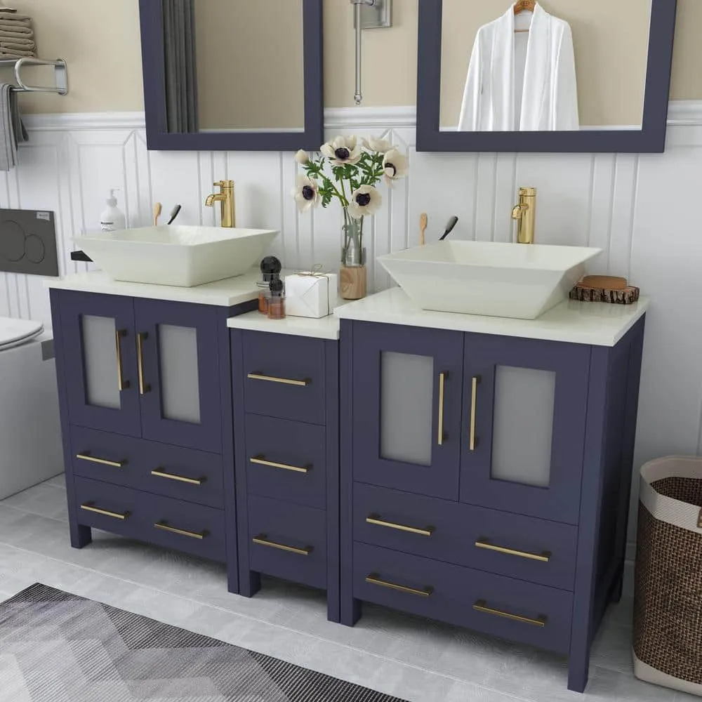 Vanity Art Ravenna 60 in. W Double Basin Bathroom Vanity in Blue with White Engineered Marble Top and Mirror, photo 2 of 5