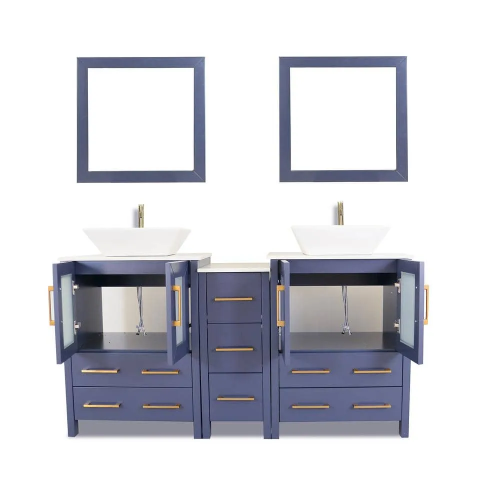 Vanity Art Ravenna 60 in. W Double Basin Bathroom Vanity in Blue with White Engineered Marble Top and Mirror, photo 3 of 5