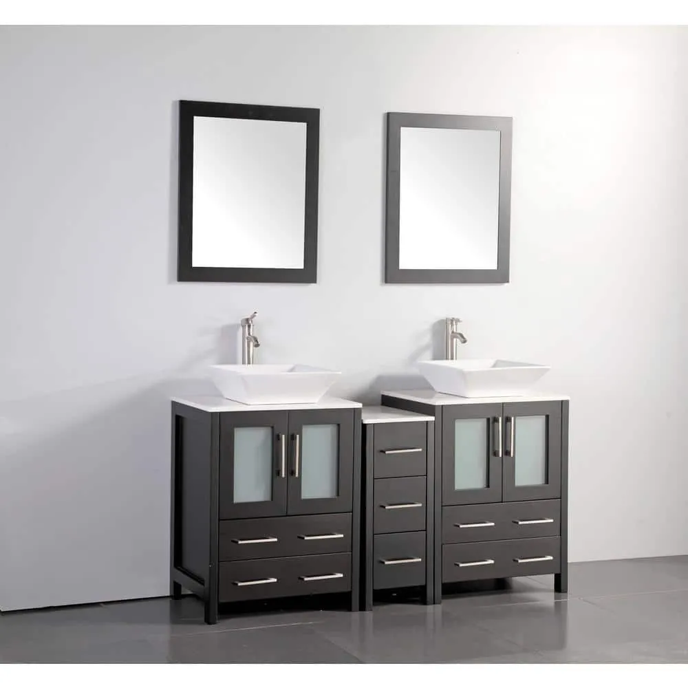 Vanity Art Ravenna 60 in. W Bathroom Vanity in Espresso with Double Basin in White Engineered Marble Top and Mirror, photo 6 of 6