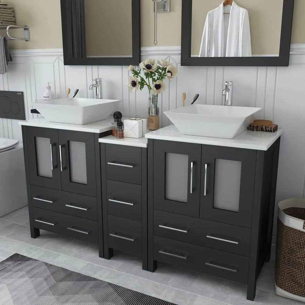 Vanity Art Ravenna 60 in. W Bathroom Vanity in Espresso with Double Basin in White Engineered Marble Top and Mirror, photo 3 of 6