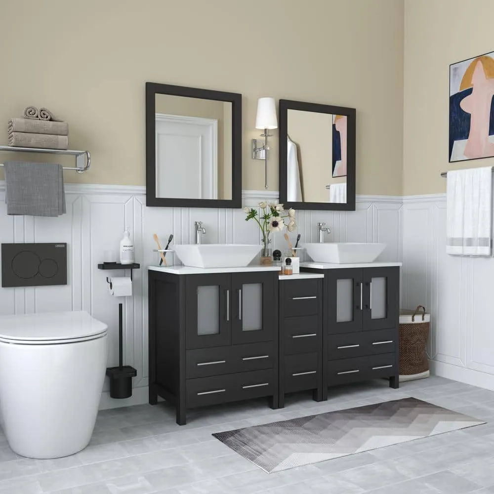 Vanity Art Ravenna 60 in. W Bathroom Vanity in Espresso with Double Basin in White Engineered Marble Top and Mirror, photo 2 of 6