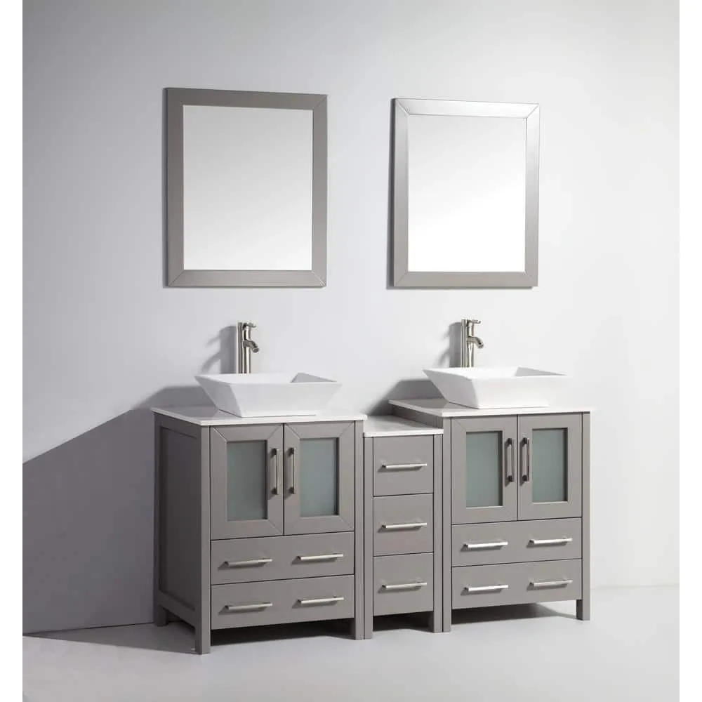Vanity Art Ravenna 60 in. W Bathroom Vanity in Grey with Double Basin in White Engineered Marble Top and Mirror, photo 8 of 8
