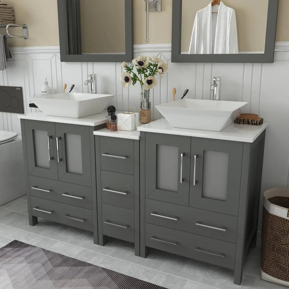 Vanity Art Ravenna 60 in. W Bathroom Vanity in Grey with Double Basin in White Engineered Marble Top and Mirror, photo 3 of 8