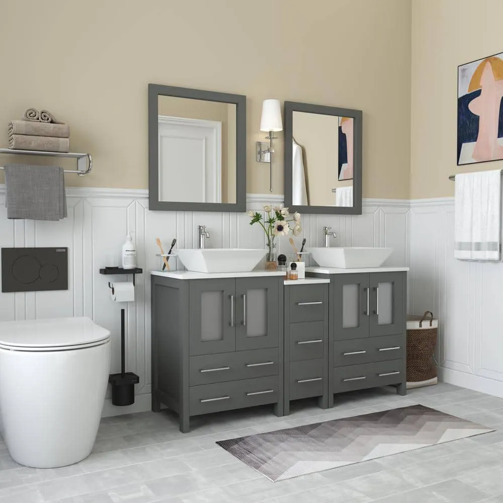 Vanity Art Ravenna 60 in. W Bathroom Vanity in Grey with Double Basin in White Engineered Marble Top and Mirror, photo 2 of 8