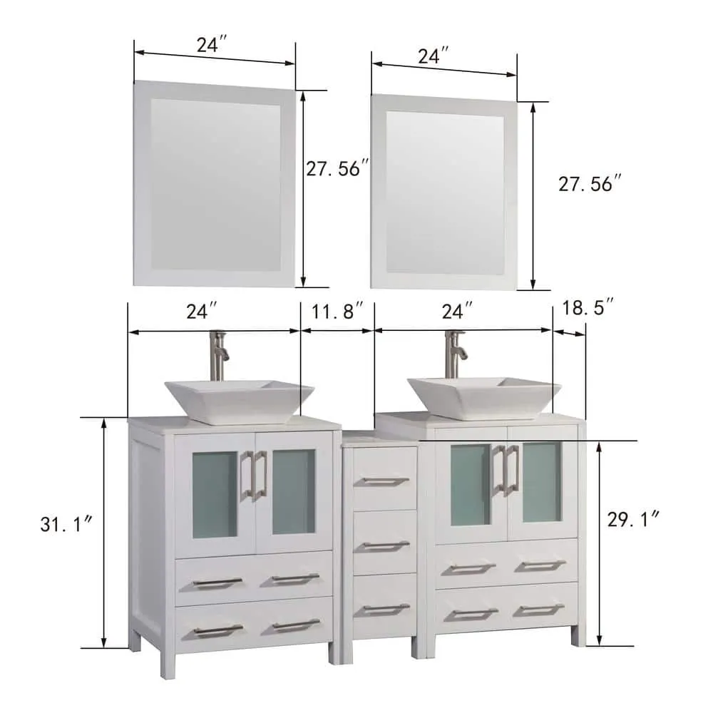 Vanity Art Ravenna 60 in. W Bathroom Vanity in White with Double Basin in White Engineered Marble Top and Mirror, photo 3 of 8