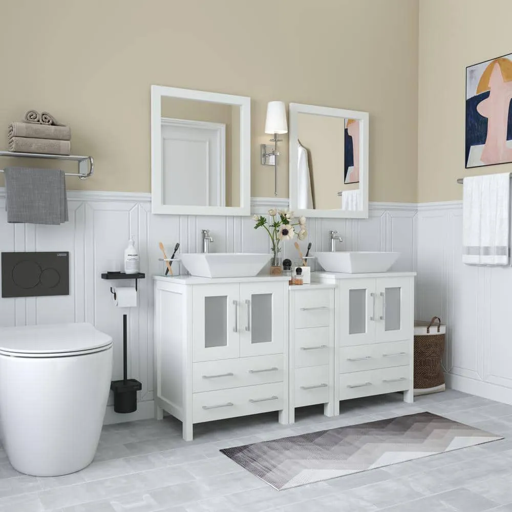 Vanity Art Ravenna 60 in. W Bathroom Vanity in White with Double Basin in White Engineered Marble Top and Mirror, photo 2 of 8
