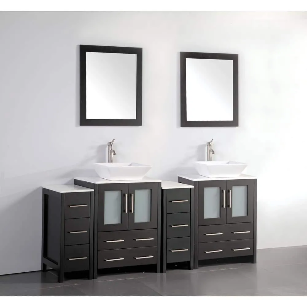 Vanity Art Ravenna 72 in. W Bathroom Vanity in Espresso with Double Basin in White Engineered Marble Top and Mirrors, photo 6 of 6