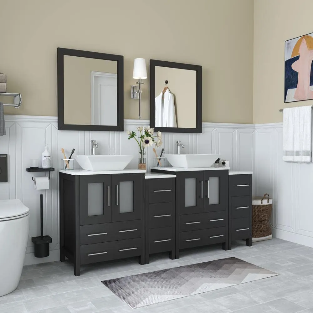 Vanity Art Ravenna 72 in. W Bathroom Vanity in Espresso with Double Basin in White Engineered Marble Top and Mirrors, photo 2 of 6