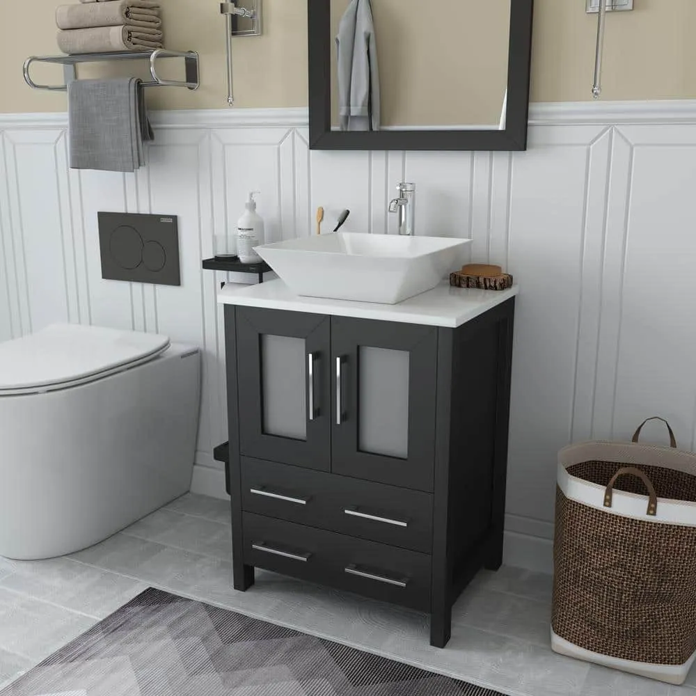 Vanity Art Ravenna 24 in. W Bathroom Vanity in Espresso with Single Basin in White Engineered Marble Top and Mirror, photo 3 of 5