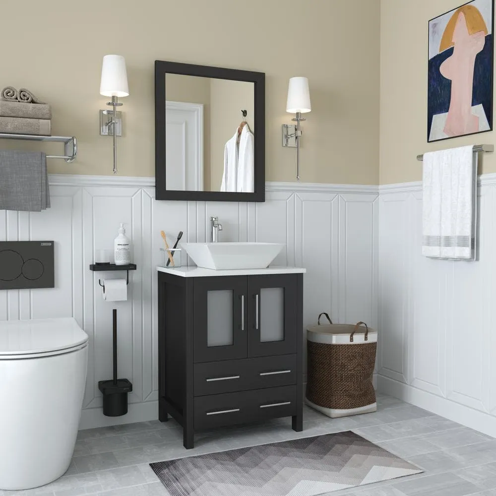 Vanity Art Ravenna 24 in. W Bathroom Vanity in Espresso with Single Basin in White Engineered Marble Top and Mirror, photo 2 of 5