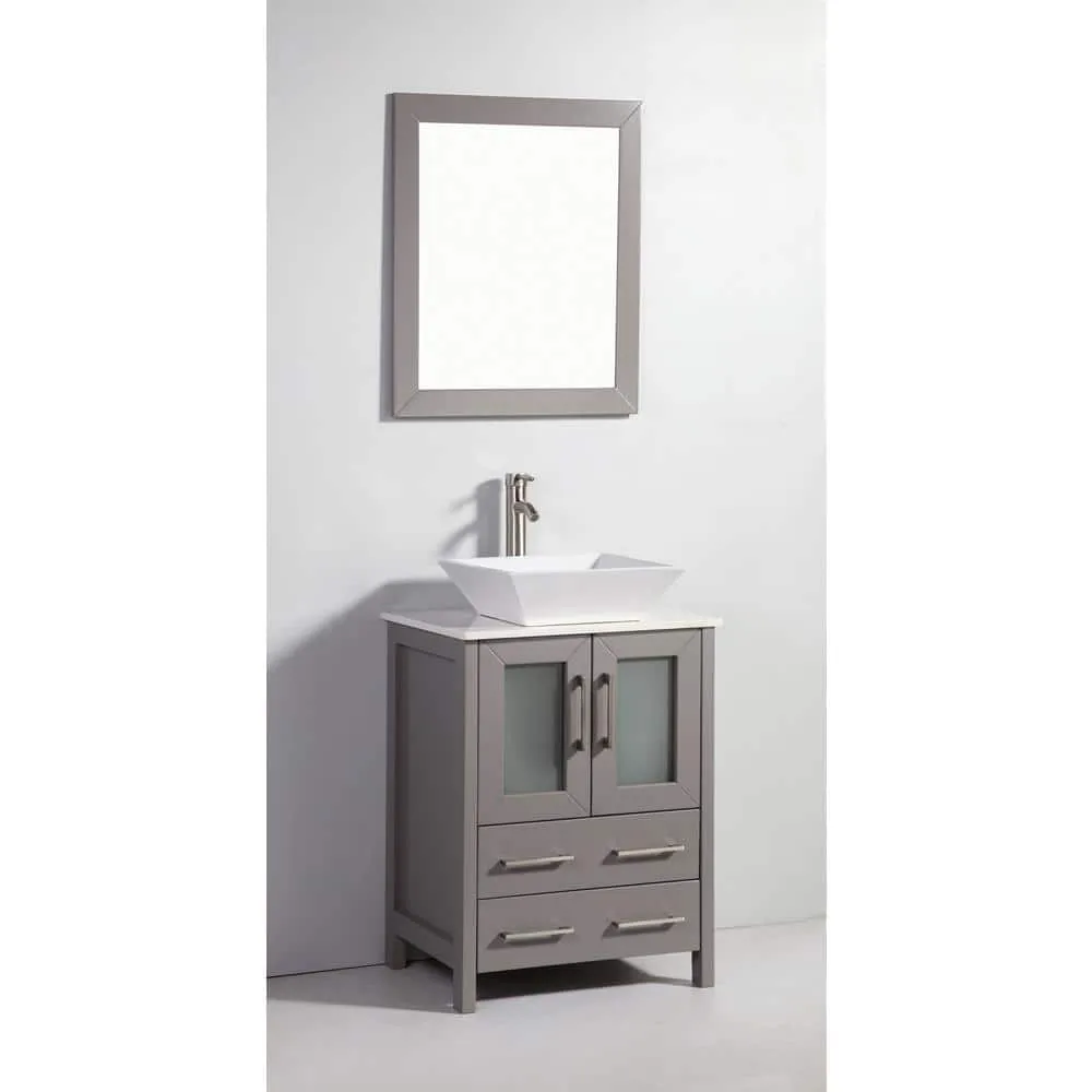 Vanity Art Ravenna 24 in. W Bathroom Vanity in Grey with Single Basin in White Engineered Marble Top and Mirror, photo 8 of 8