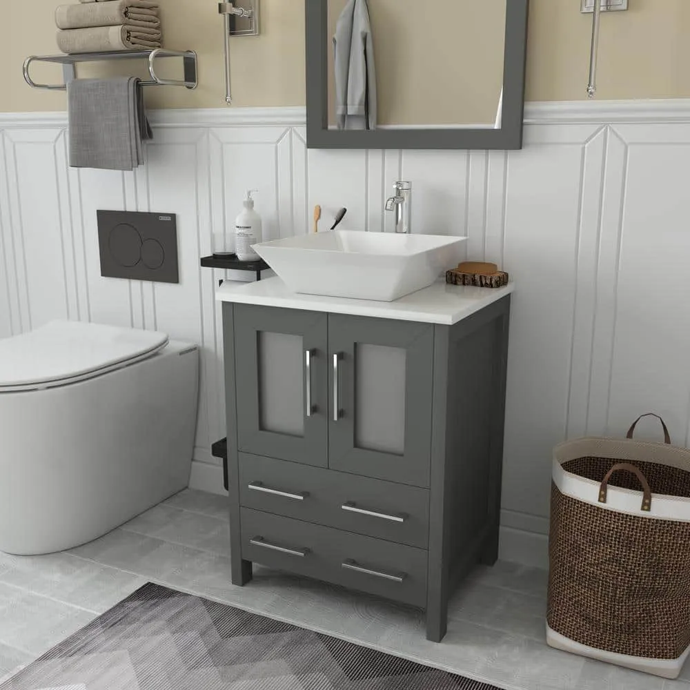 Vanity Art Ravenna 24 in. W Bathroom Vanity in Grey with Single Basin in White Engineered Marble Top and Mirror, photo 3 of 8
