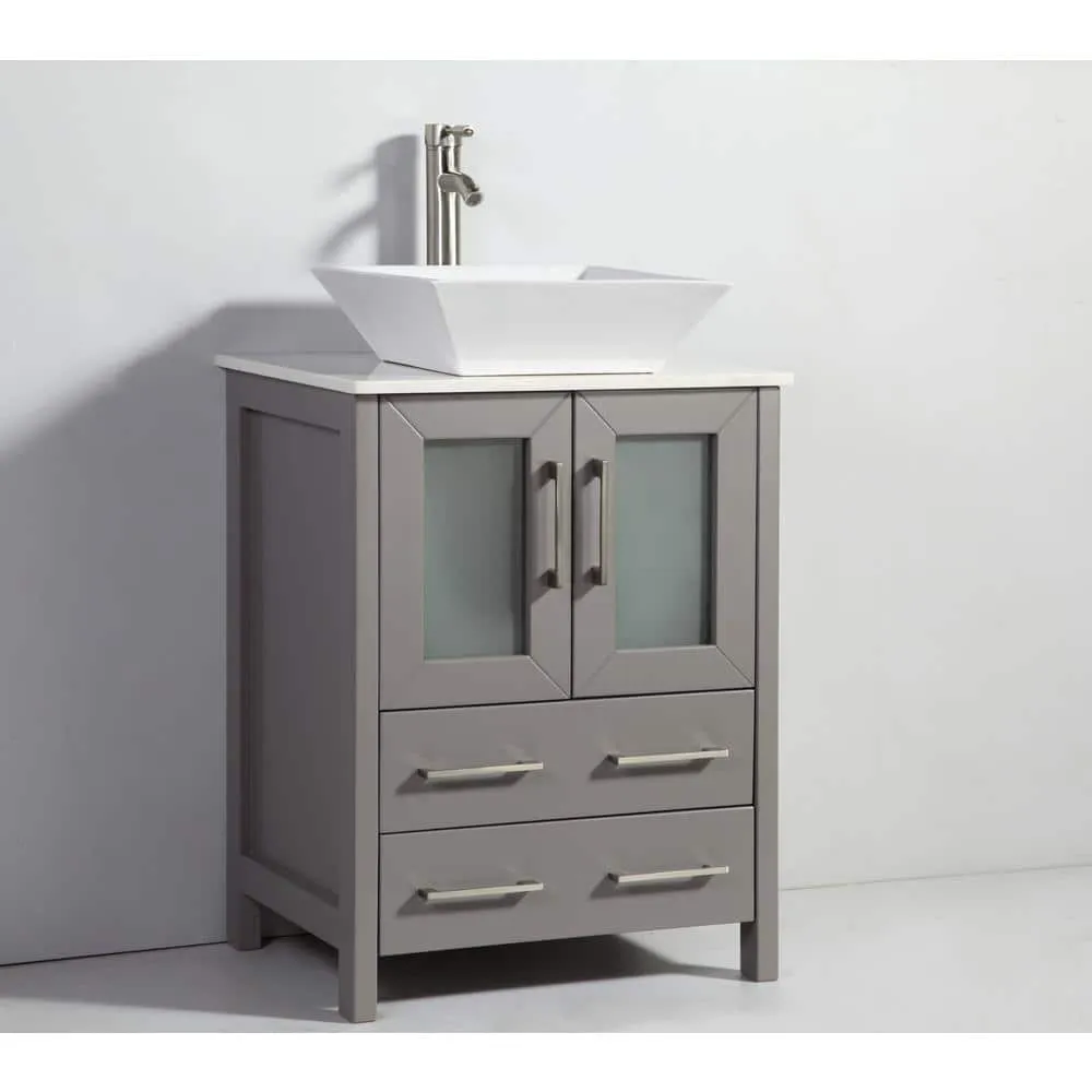 Vanity Art Ravenna 24 in. W Bathroom Vanity in Grey with Single Basin in White Engineered Marble Top and Mirror, photo 5 of 8