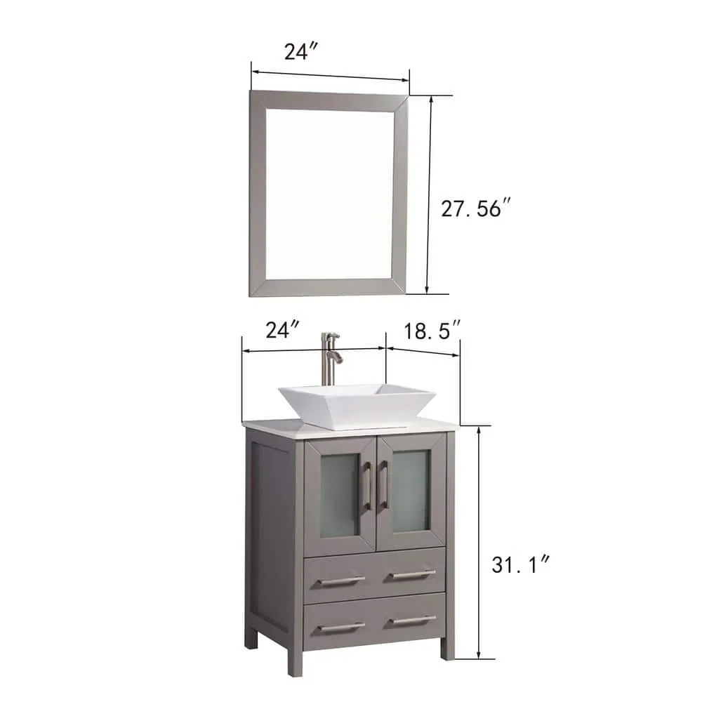 Vanity Art Ravenna 24 in. W Bathroom Vanity in Grey with Single Basin in White Engineered Marble Top and Mirror, photo 4 of 8