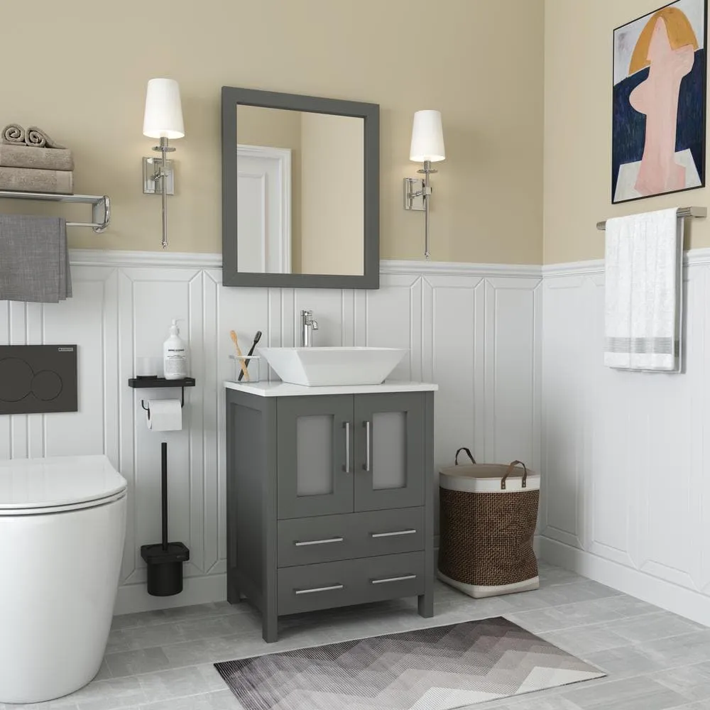 Vanity Art Ravenna 24 in. W Bathroom Vanity in Grey with Single Basin in White Engineered Marble Top and Mirror, photo 2 of 8