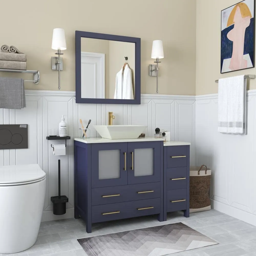 Vanity Art Ravenna 42 in. W Single Basin Bathroom Vanity in Blue with White Engineered Marble Top and Mirror, photo 3 of 6