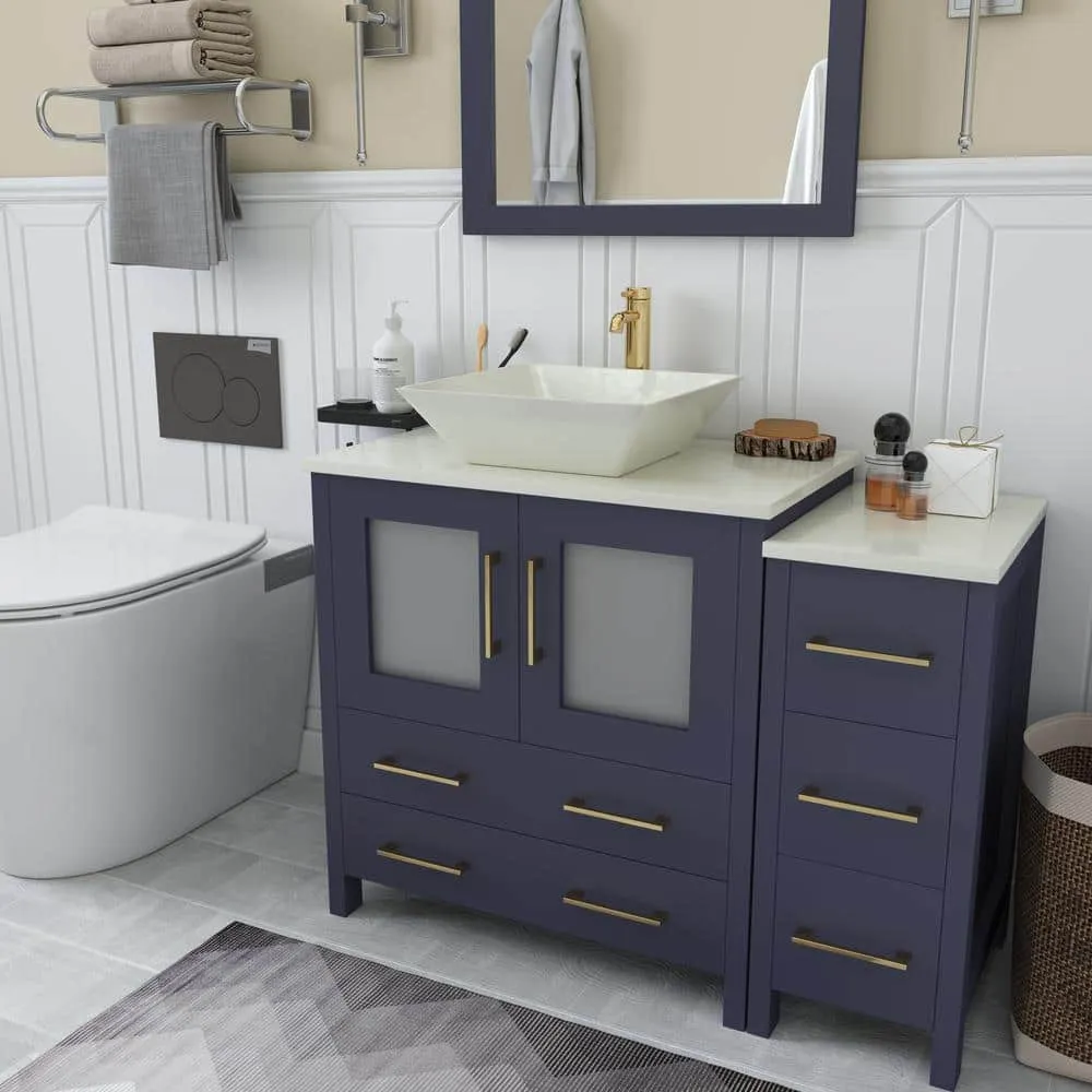 Vanity Art Ravenna 42 in. W Single Basin Bathroom Vanity in Blue with White Engineered Marble Top and Mirror, photo 2 of 6