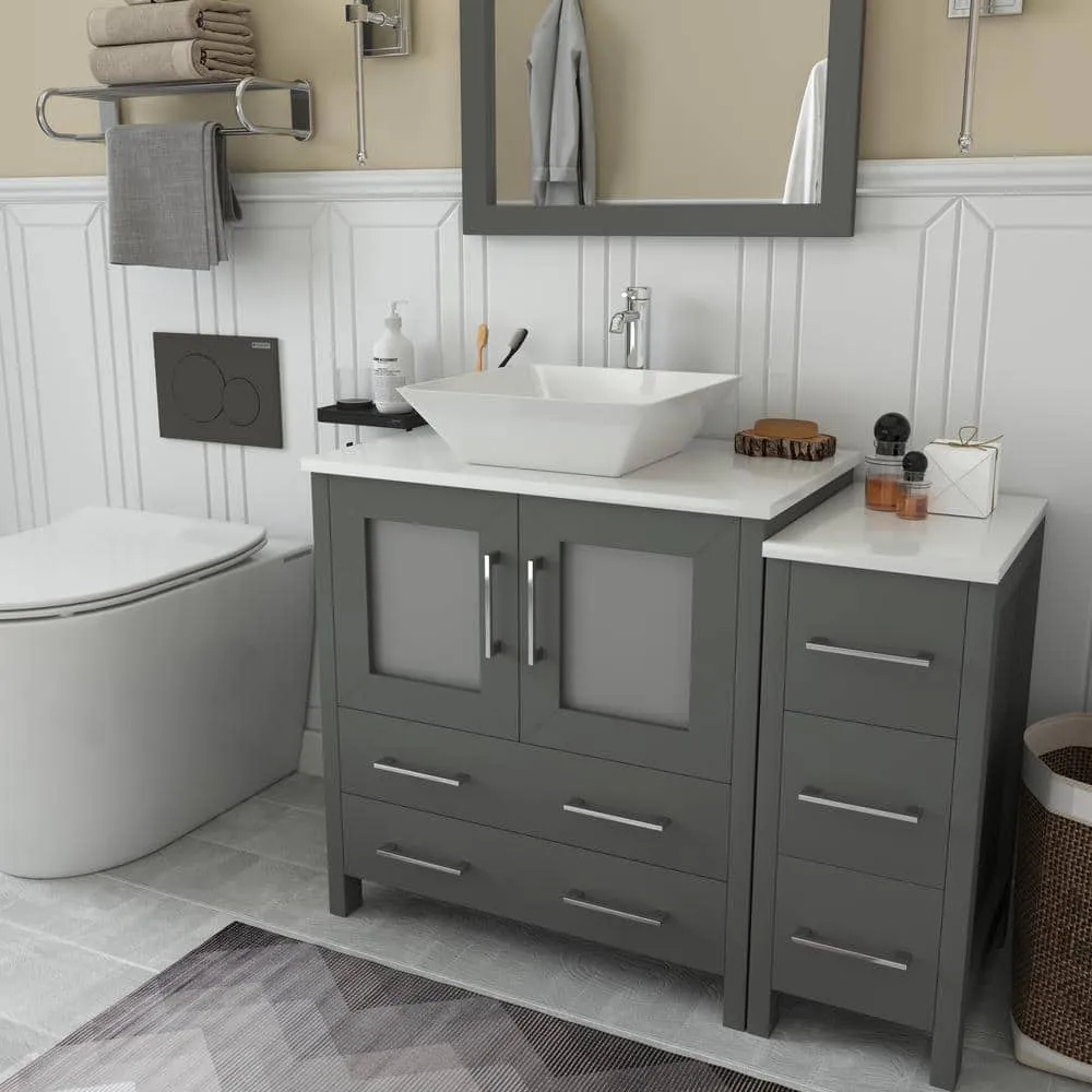 Vanity Art Ravenna 42 in. W Bathroom Vanity in Grey with Single Basin in White Engineered Marble Top and Mirror, photo 2 of 8