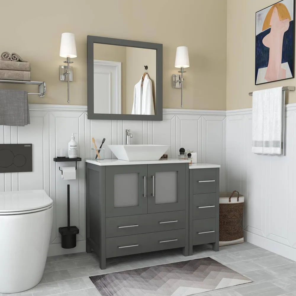 Vanity Art Ravenna 42 in. W Bathroom Vanity in Grey with Single Basin in White Engineered Marble Top and Mirror, photo 4 of 8