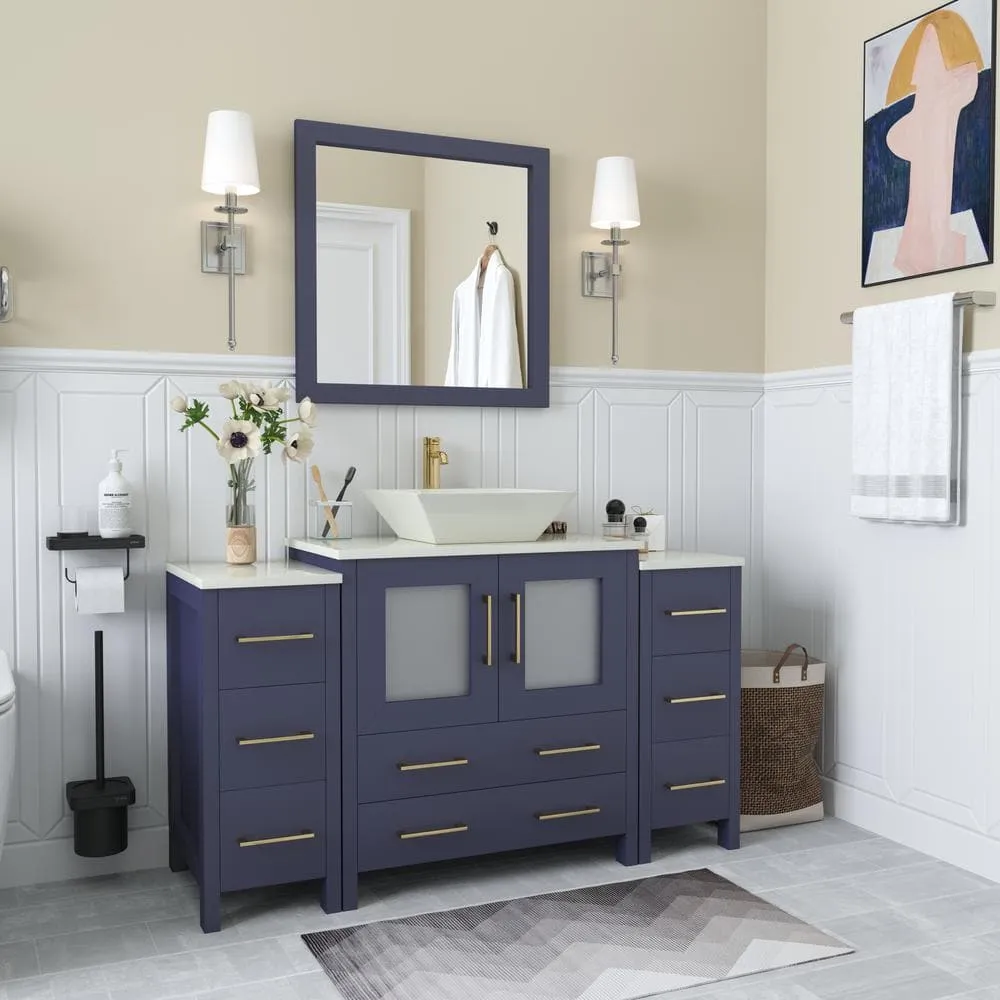 Vanity Art Ravenna 54 in. W Single Basin Bathroom Vanity in Blue with White Engineered Marble Top and Mirror, photo 3 of 7