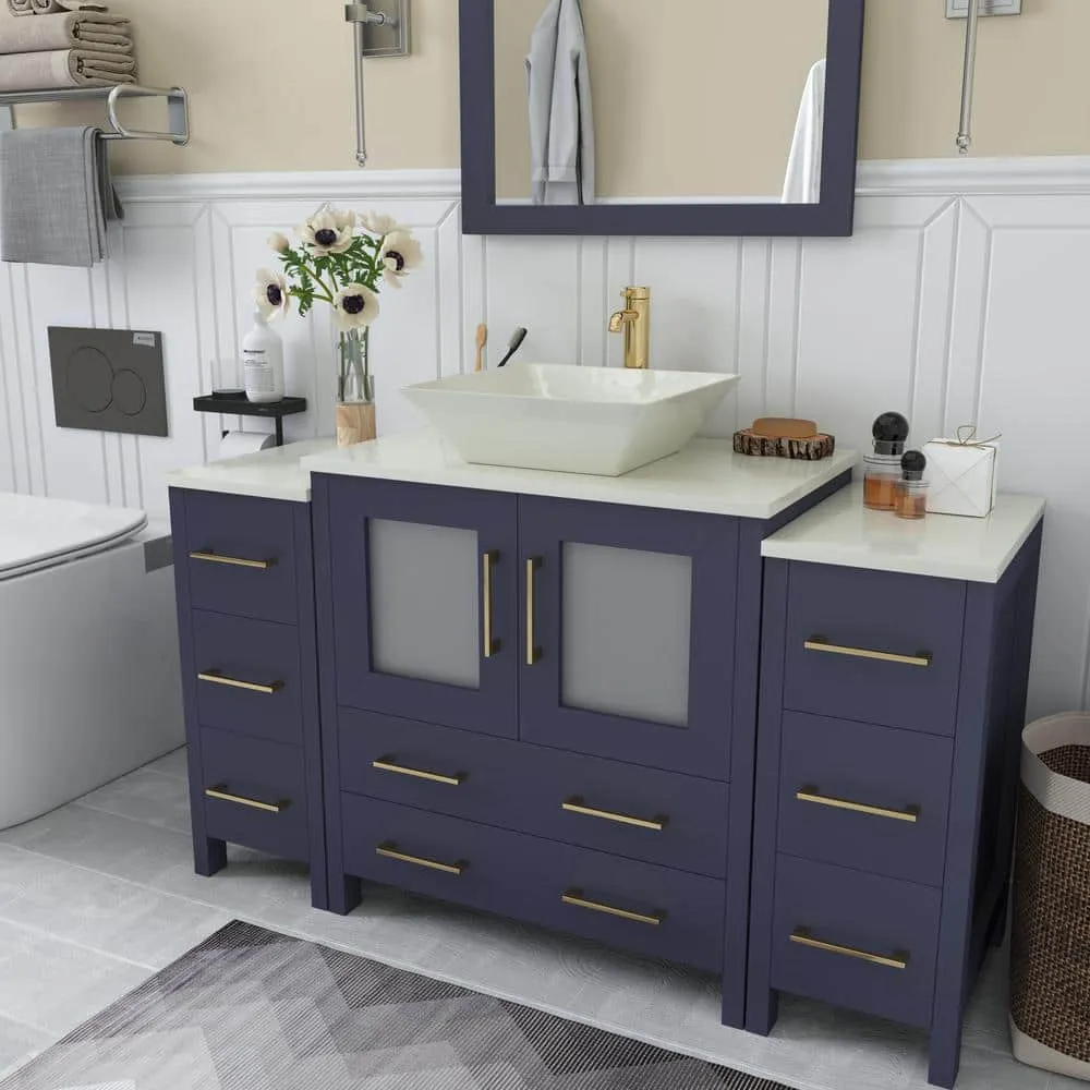 Vanity Art Ravenna 54 in. W Single Basin Bathroom Vanity in Blue with White Engineered Marble Top and Mirror, photo 2 of 7