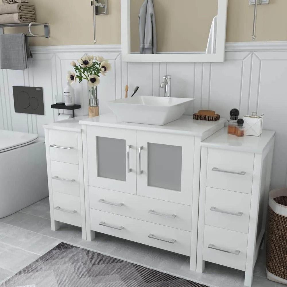 Vanity Art Ravenna 54 in. W Bathroom Vanity in White with Single Basin in White Engineered Marble Top and Mirror, photo 2 of 7