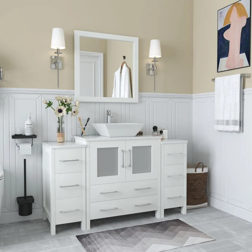 Vanity Art Ravenna 54 in. W Bathroom Vanity in White with Single Basin in White Engineered Marble Top and Mirror, photo 3 of 7