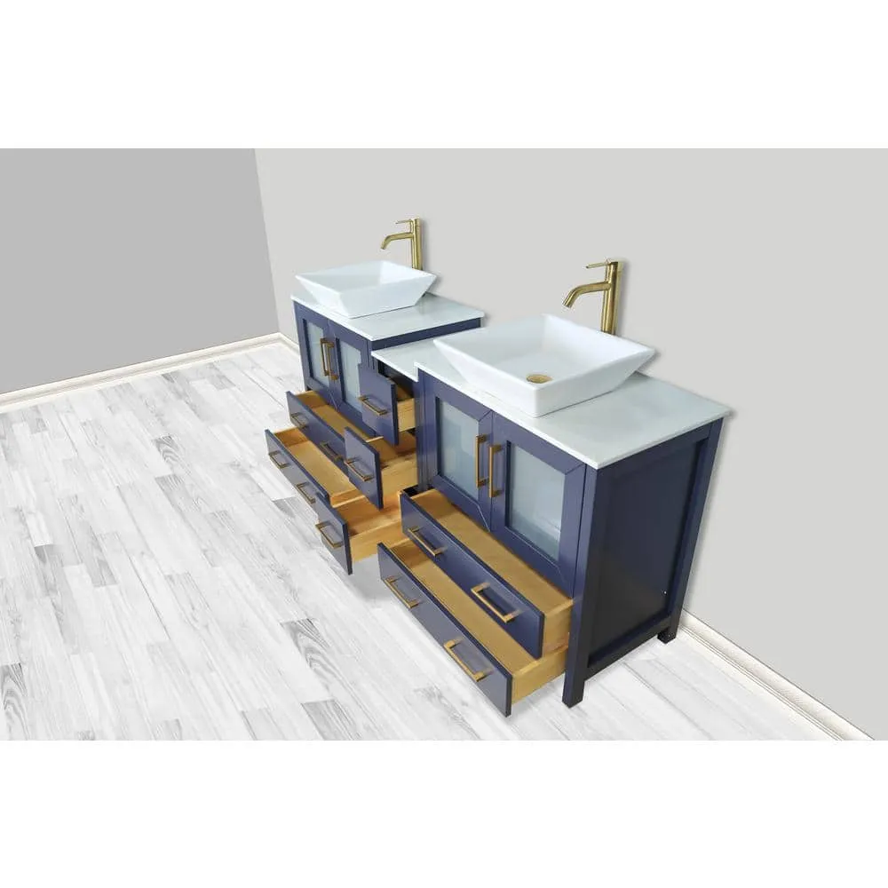 Vanity Art Ravenna 72 in. W Double Basin Bathroom Vanity in Blue with White Engineered Marble Top and Mirrors, photo 5 of 7