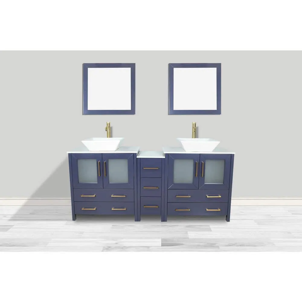 Vanity Art Ravenna 72 in. W Double Basin Bathroom Vanity in Blue with White Engineered Marble Top and Mirrors, photo 7 of 7