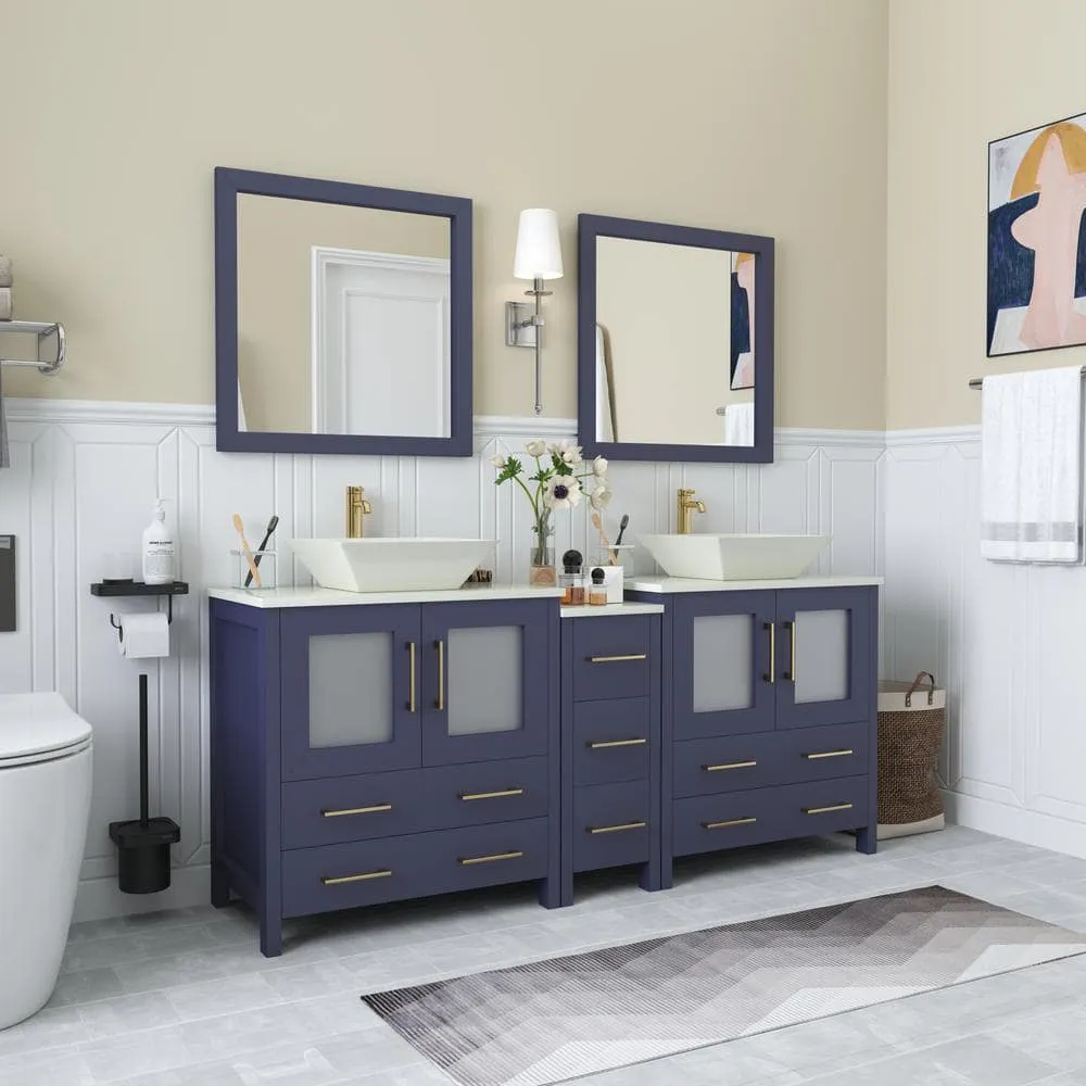 Vanity Art Ravenna 72 in. W Double Basin Bathroom Vanity in Blue with White Engineered Marble Top and Mirrors, photo 3 of 7