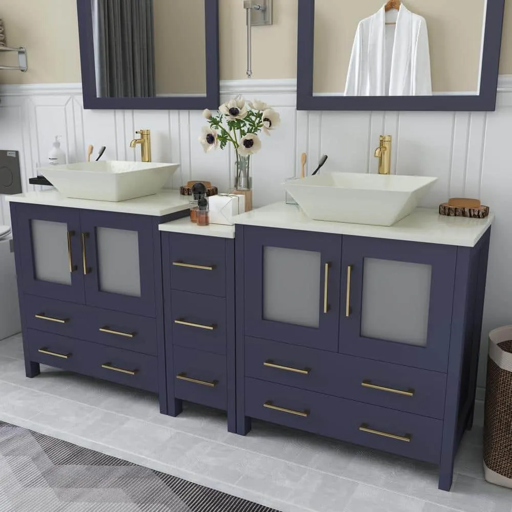 Vanity Art Ravenna 72 in. W Double Basin Bathroom Vanity in Blue with White Engineered Marble Top and Mirrors, photo 2 of 7