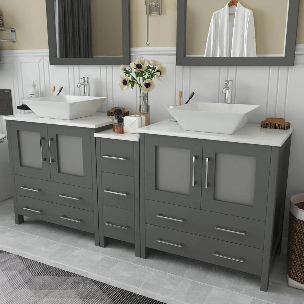 Vanity Art Ravenna 72 in. W Bathroom Vanity in Grey with Double Basin in White Engineered Marble Top and Mirrors, photo 4 of 9